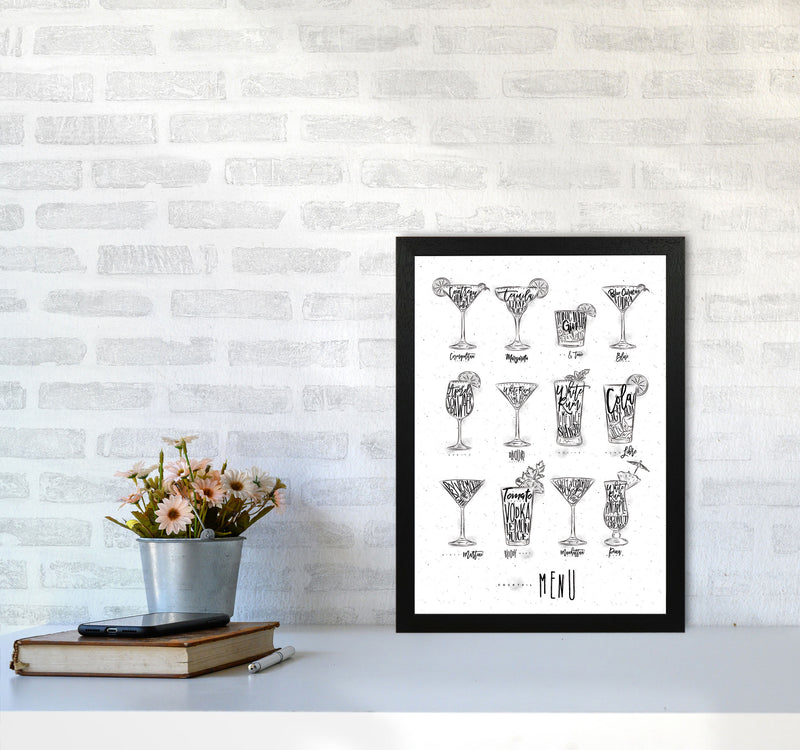 Cocktails Menu Modern Print, Framed Kitchen Wall Art A3 White Frame