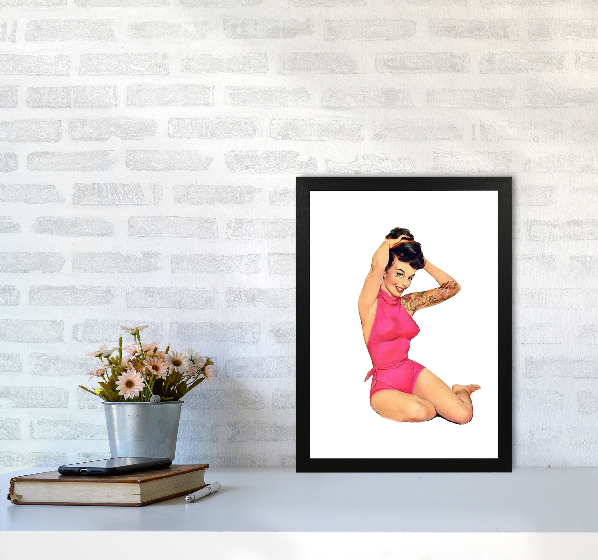 Retro Pin Up Girl Modern Print A3 White Frame