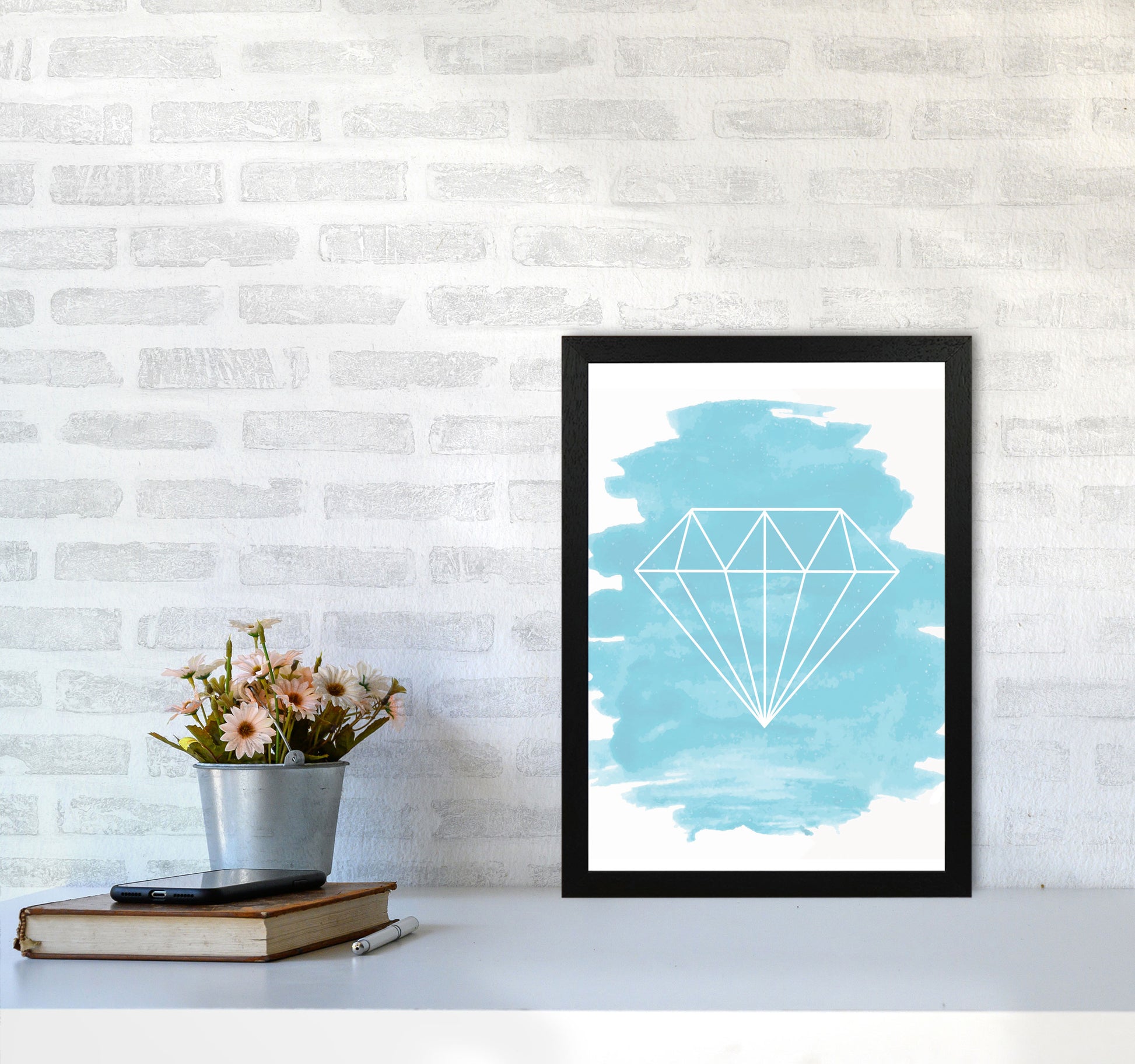 Geo Diamond Light Blue Watercolour Modern Print A3 White Frame