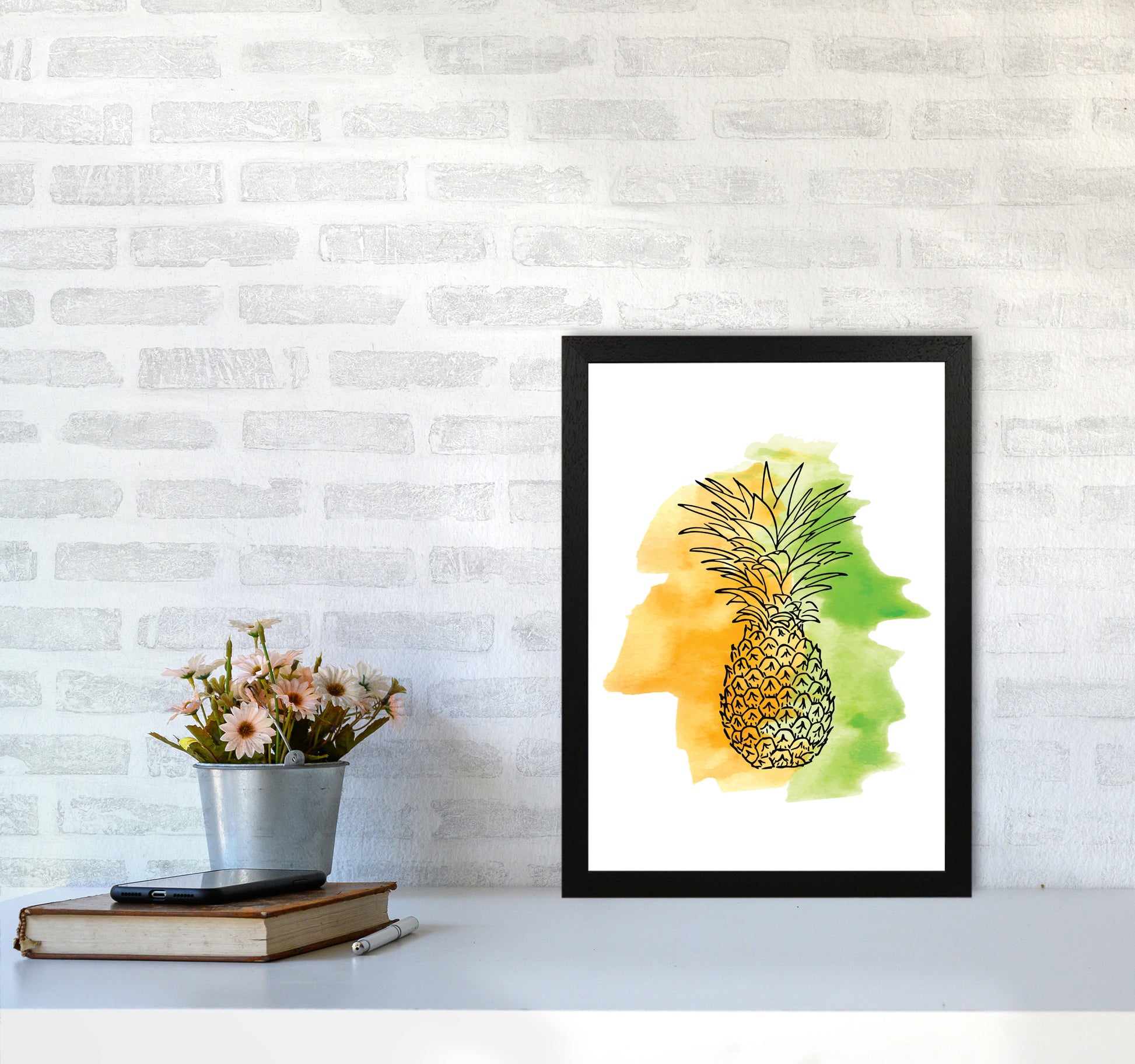 Orange And Green Pineapple Watercolour Modern Print A3 White Frame