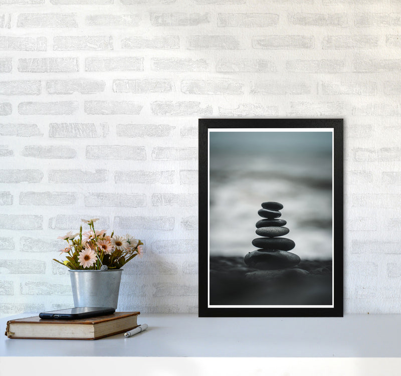 Black Pebble Stack Modern Print, Framed Botanical & Nature Art Print A3 White Frame