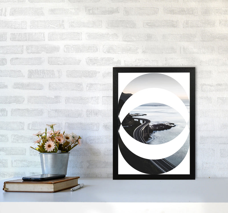 Black Road Oval Modern Print, Framed Botanical & Nature Art Print A3 White Frame