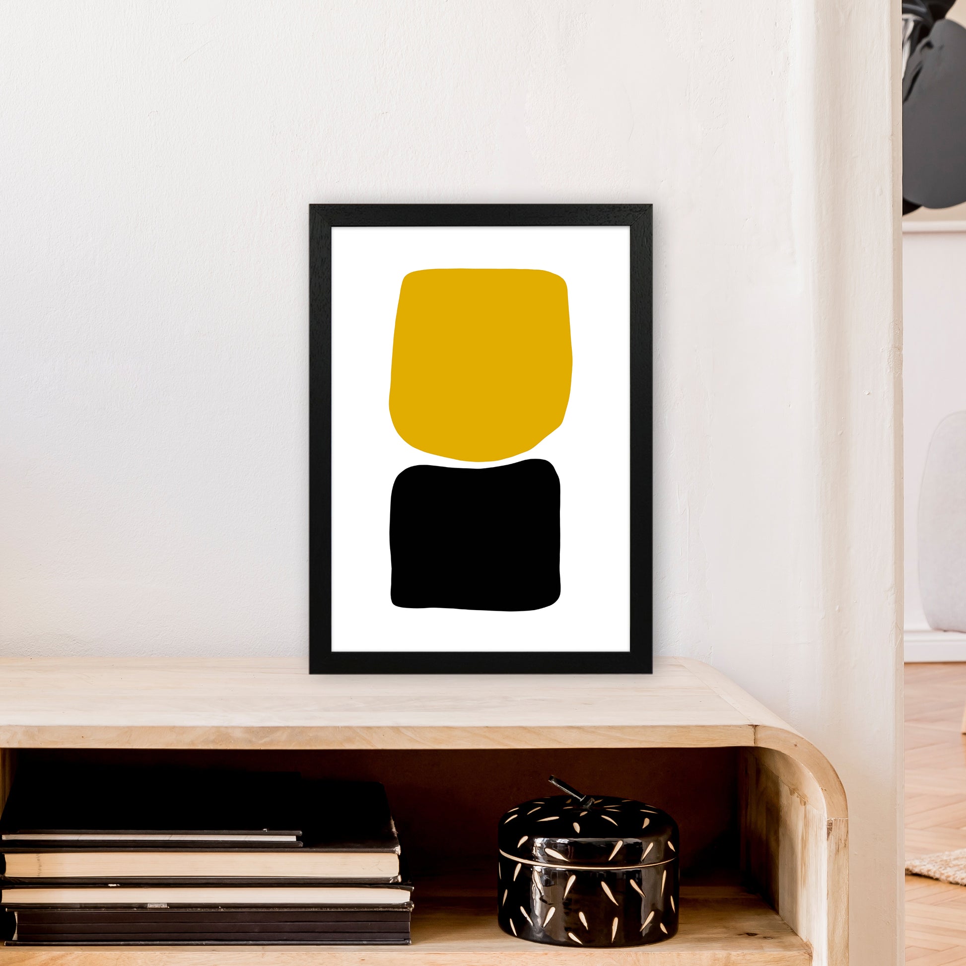 Mustard And Black Abstract Stones 3 Art Print by Pixy Paper A3 White Frame