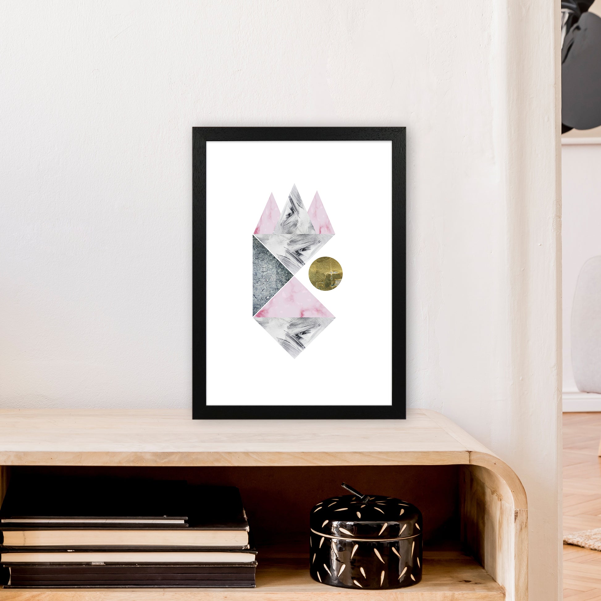 Luna Side Moon Pink And Grey Triangles Abstract  Art Print by Pixy Paper A3 White Frame