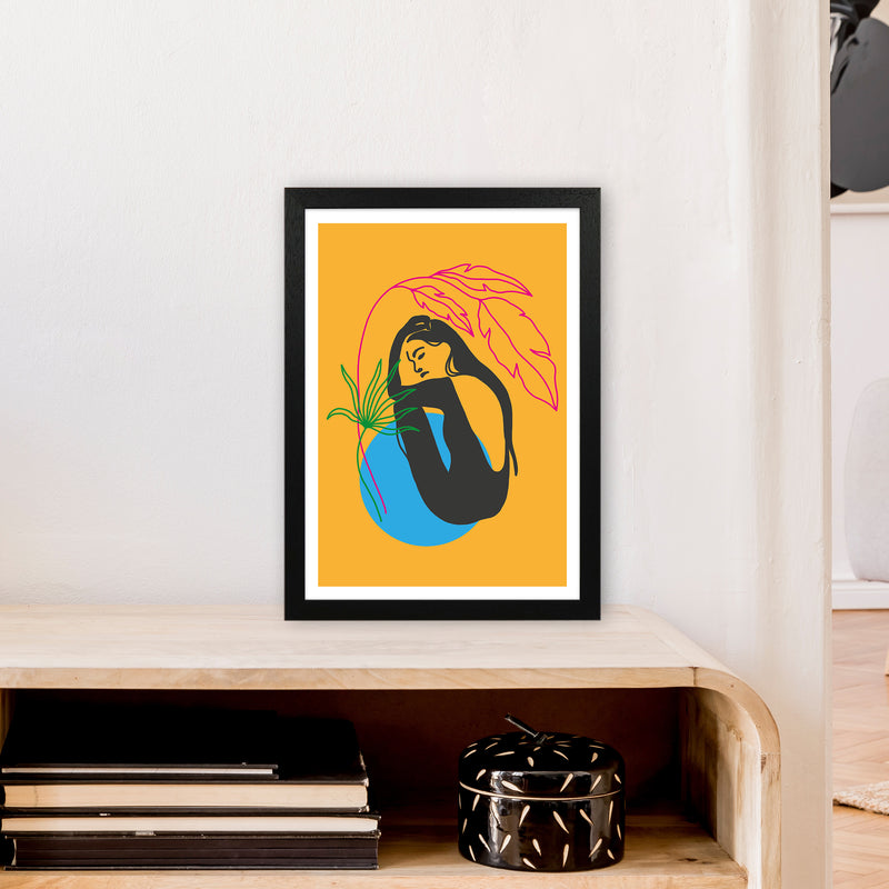 Girl Under Plant Yellow Neon Funk  Art Print by Pixy Paper A3 White Frame