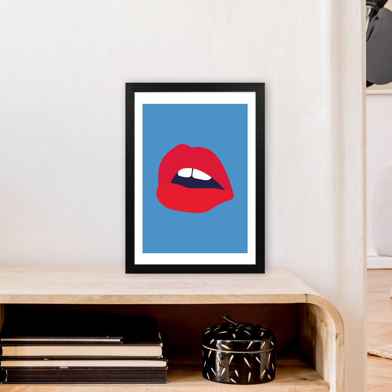 Red Lips Blue Back  Art Print by Pixy Paper A3 White Frame