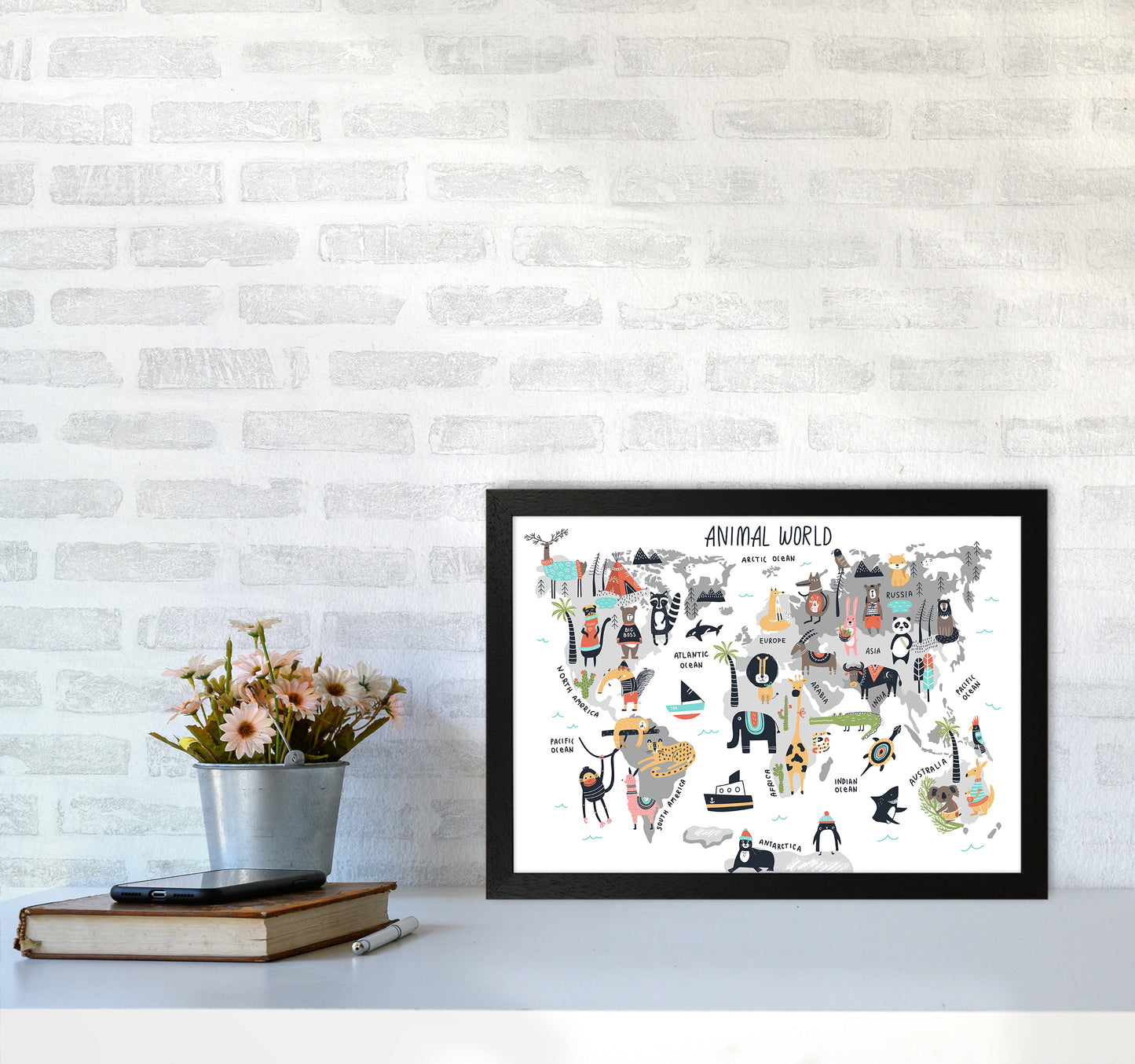 Animal World Map  Art Print by Pixy Paper A3 White Frame