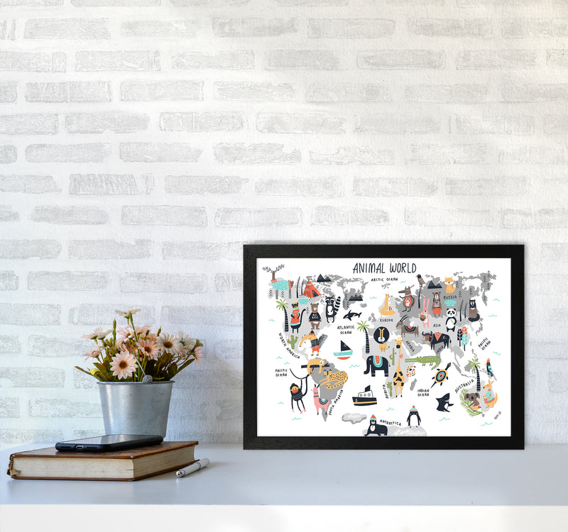 Animal World Map  Art Print by Pixy Paper A3 White Frame