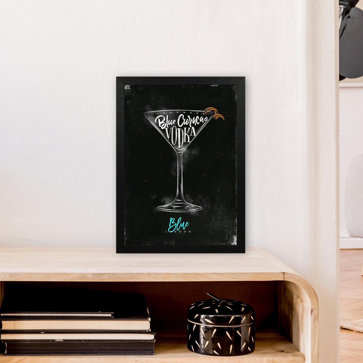 Blue Lagoon Cocktail Black  Art Print by Pixy Paper A3 White Frame