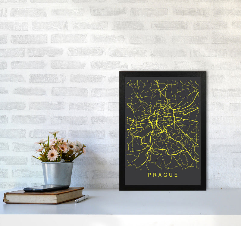 Prague Map Neon Art Print by Pixy Paper A3 White Frame