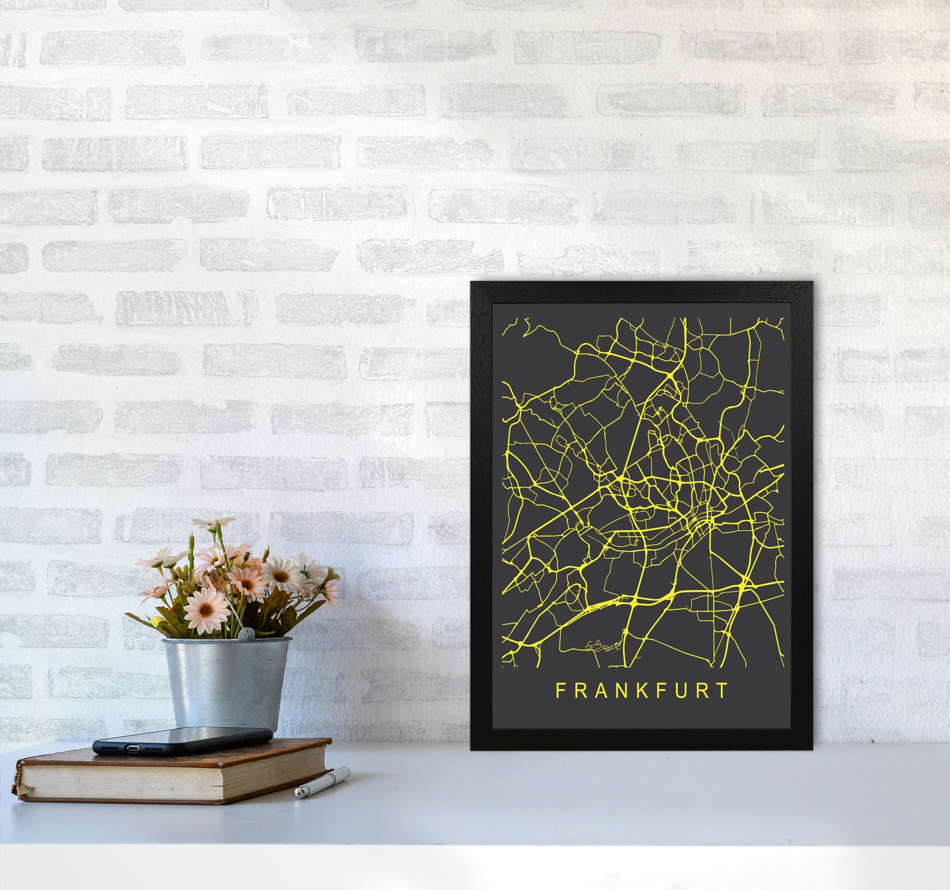 Frankfurt Map Neon Art Print by Pixy Paper A3 White Frame