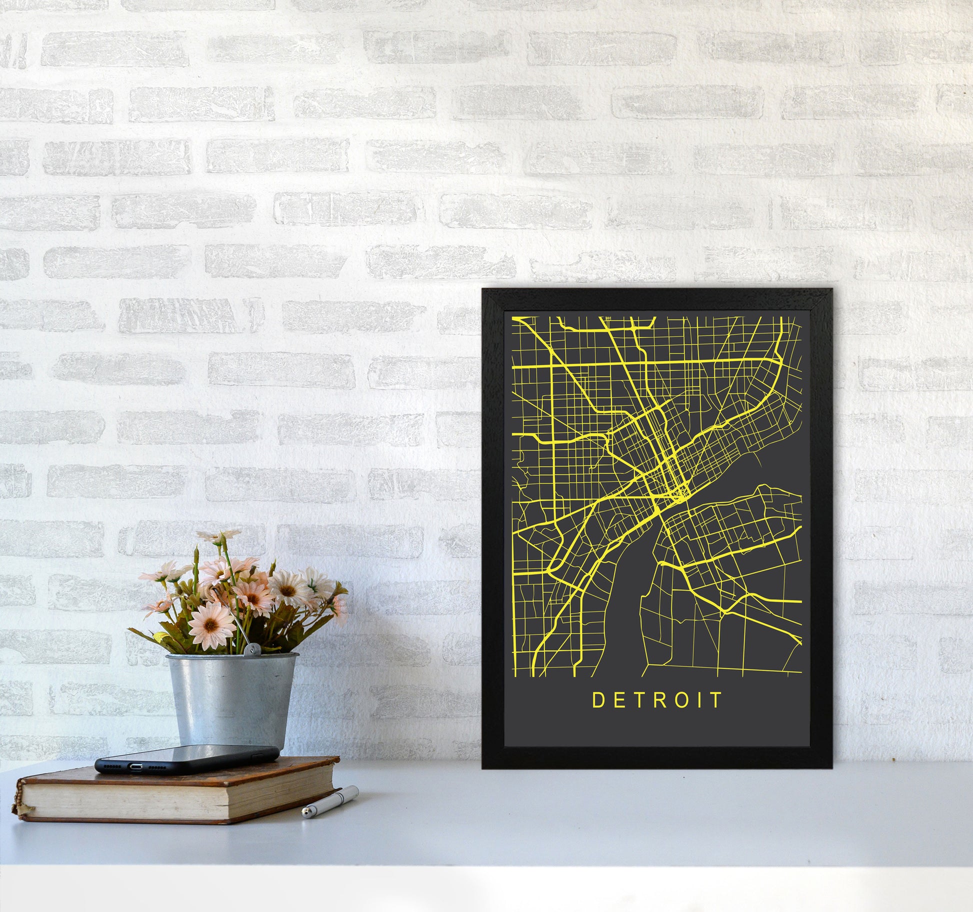 Detroit Map Neon Art Print by Pixy Paper A3 White Frame
