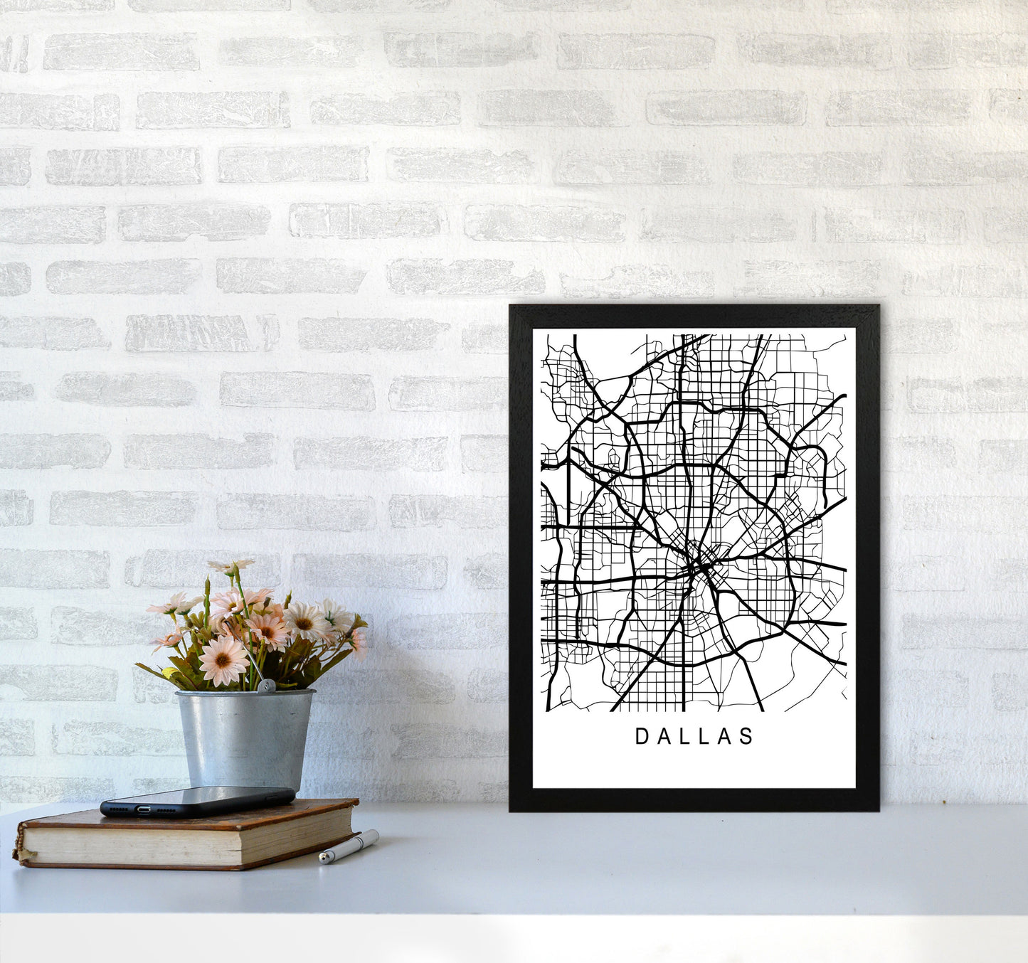 Dallas Map Art Print by Pixy Paper A3 White Frame