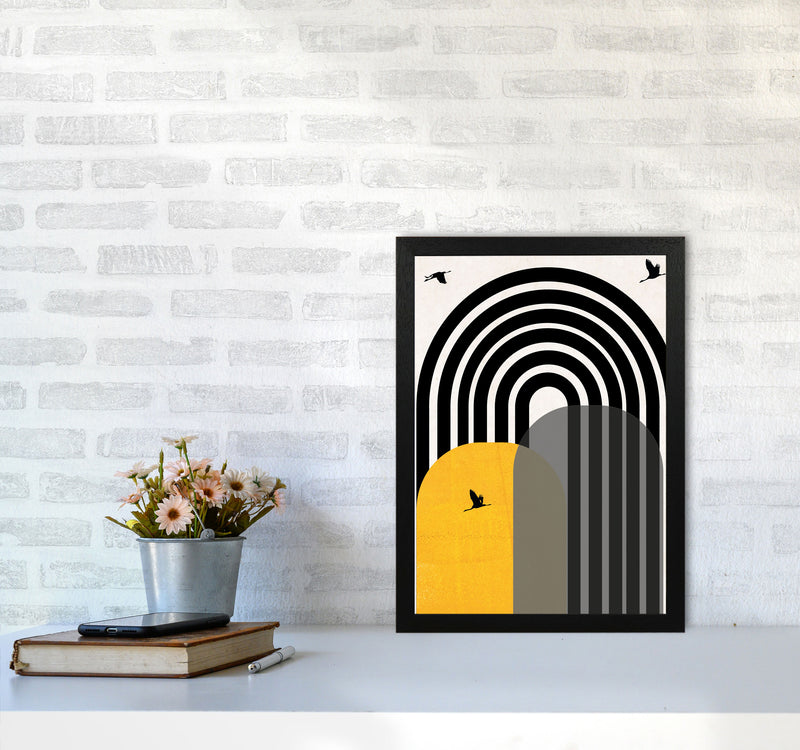 Giant rainbow with birds mustard Art Print by Pixy Paper A3 White Frame