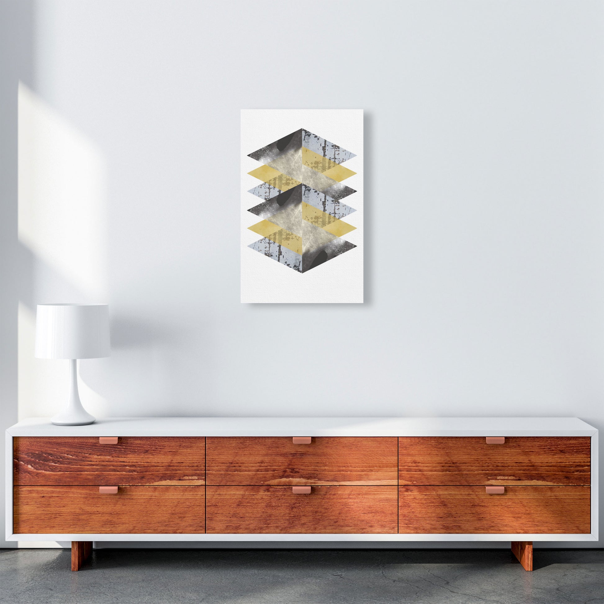 Scuff, Yellow And Grey Abstract Triangles Modern Print A3 Canvas