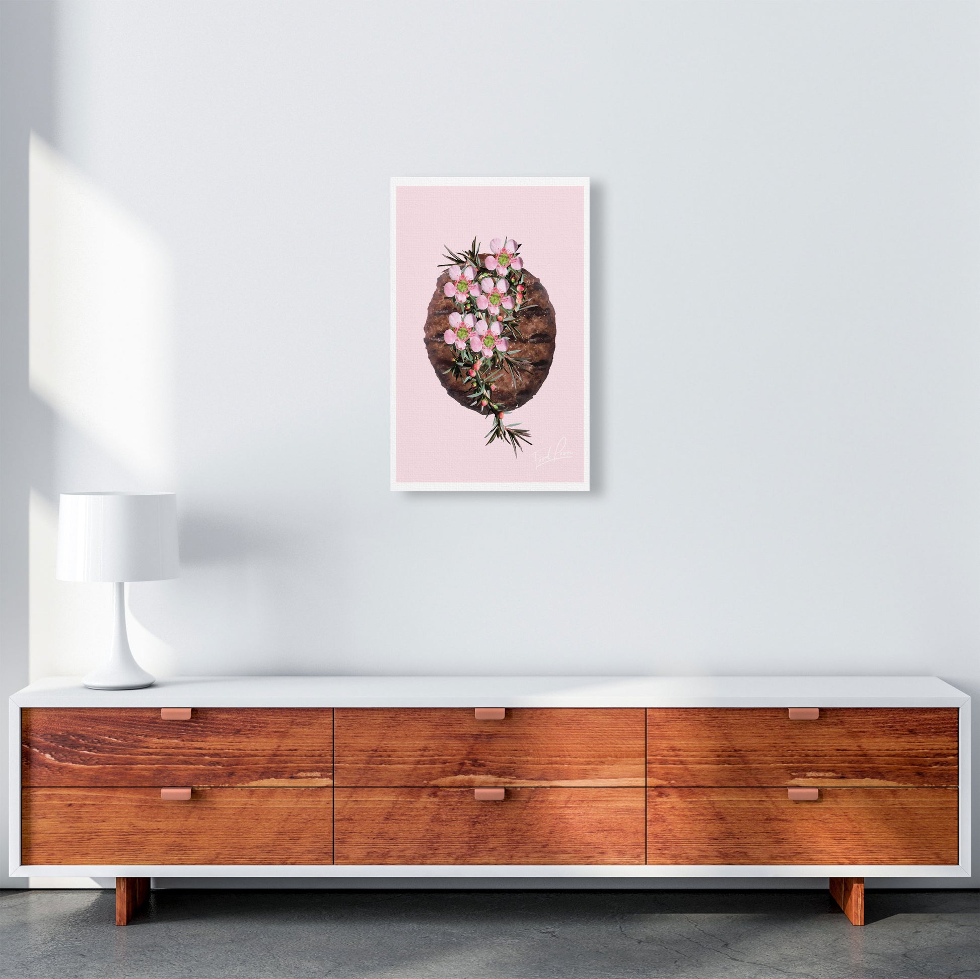 Pink Burger Floral Food Print, Framed Kitchen Wall Art A3 Canvas