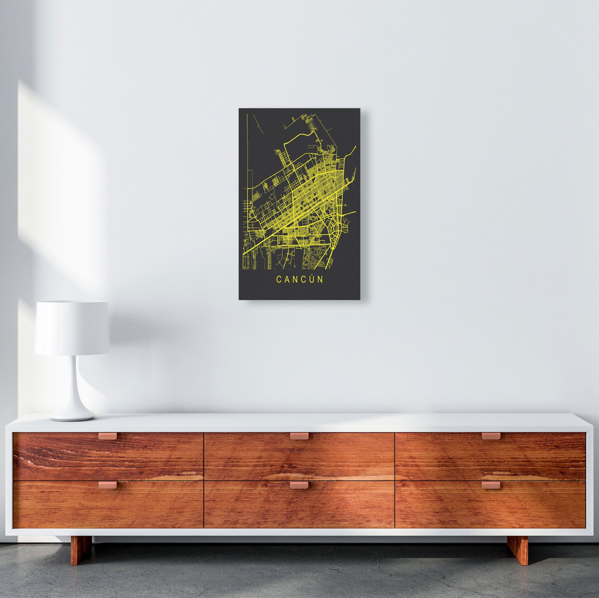 Cancun Map Neon Art Print by Pixy Paper A3 Canvas