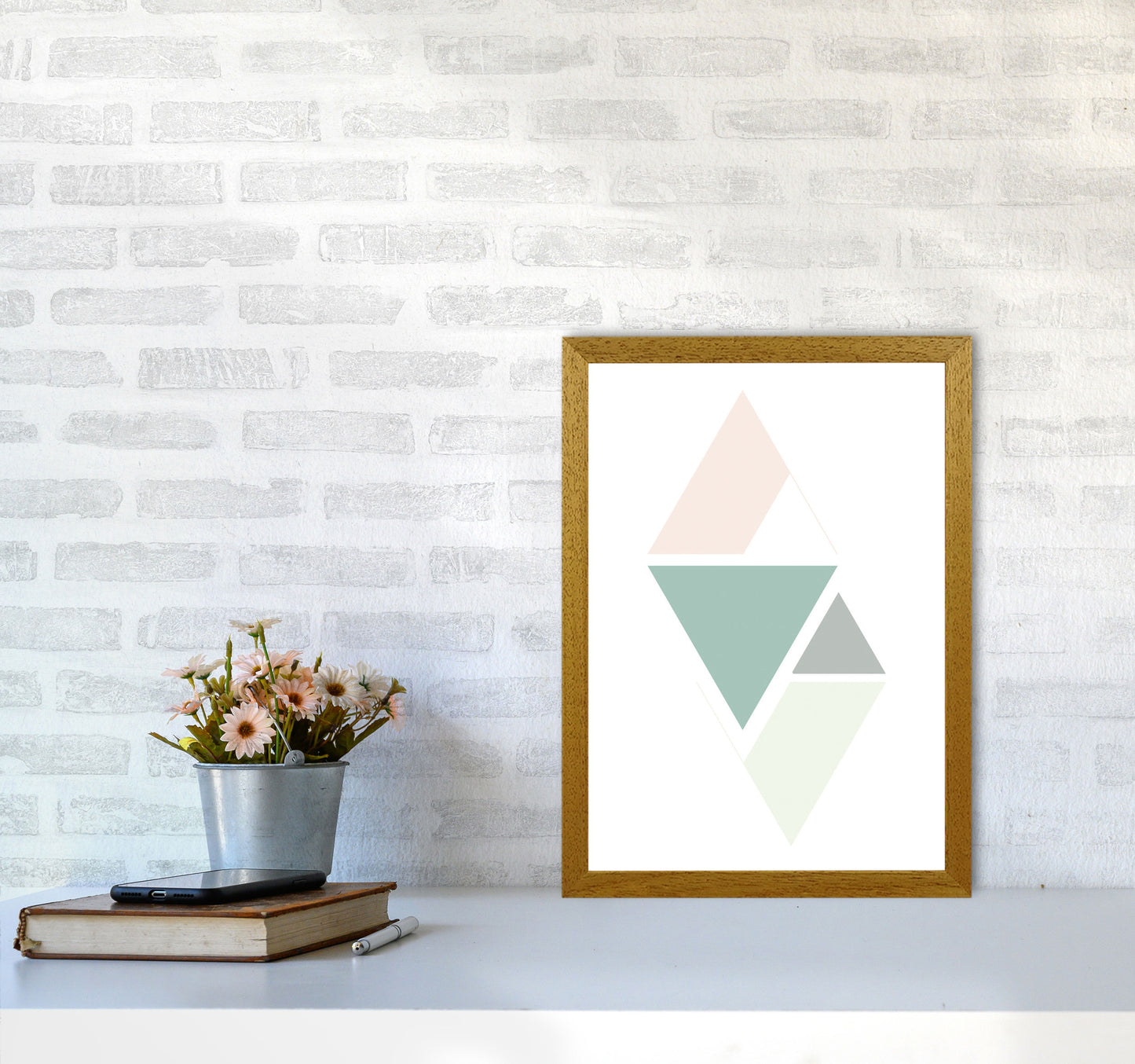 Peach, Green And Grey Abstract Triangles Modern Print A3 Print Only