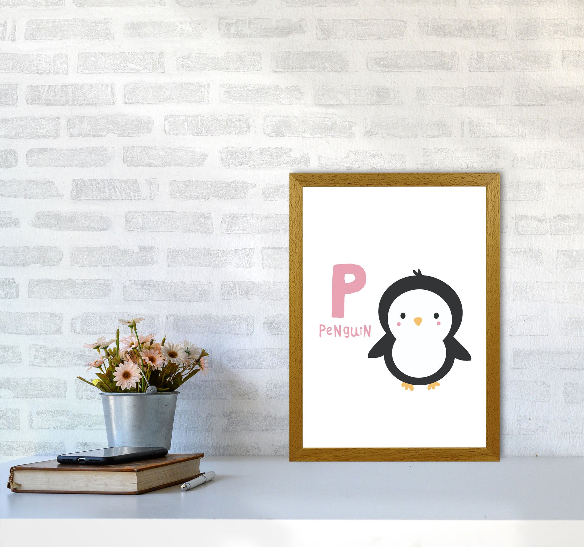 Alphabet Animals, P Is For Penguin Framed Nursey Wall Art Print A3 Print Only