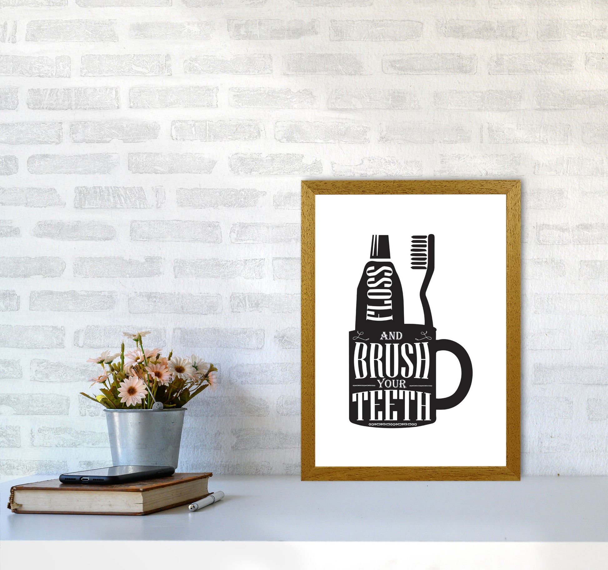 Brush Your Teeth, Bathroom Modern Print, Framed Bathroom Wall Art A3 Print Only