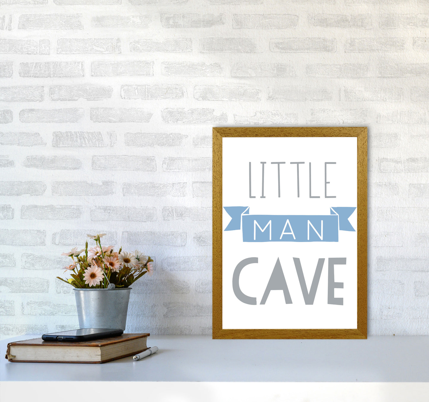 Little Man Cave Blue Banner Framed Nursey Wall Art Print A3 Print Only