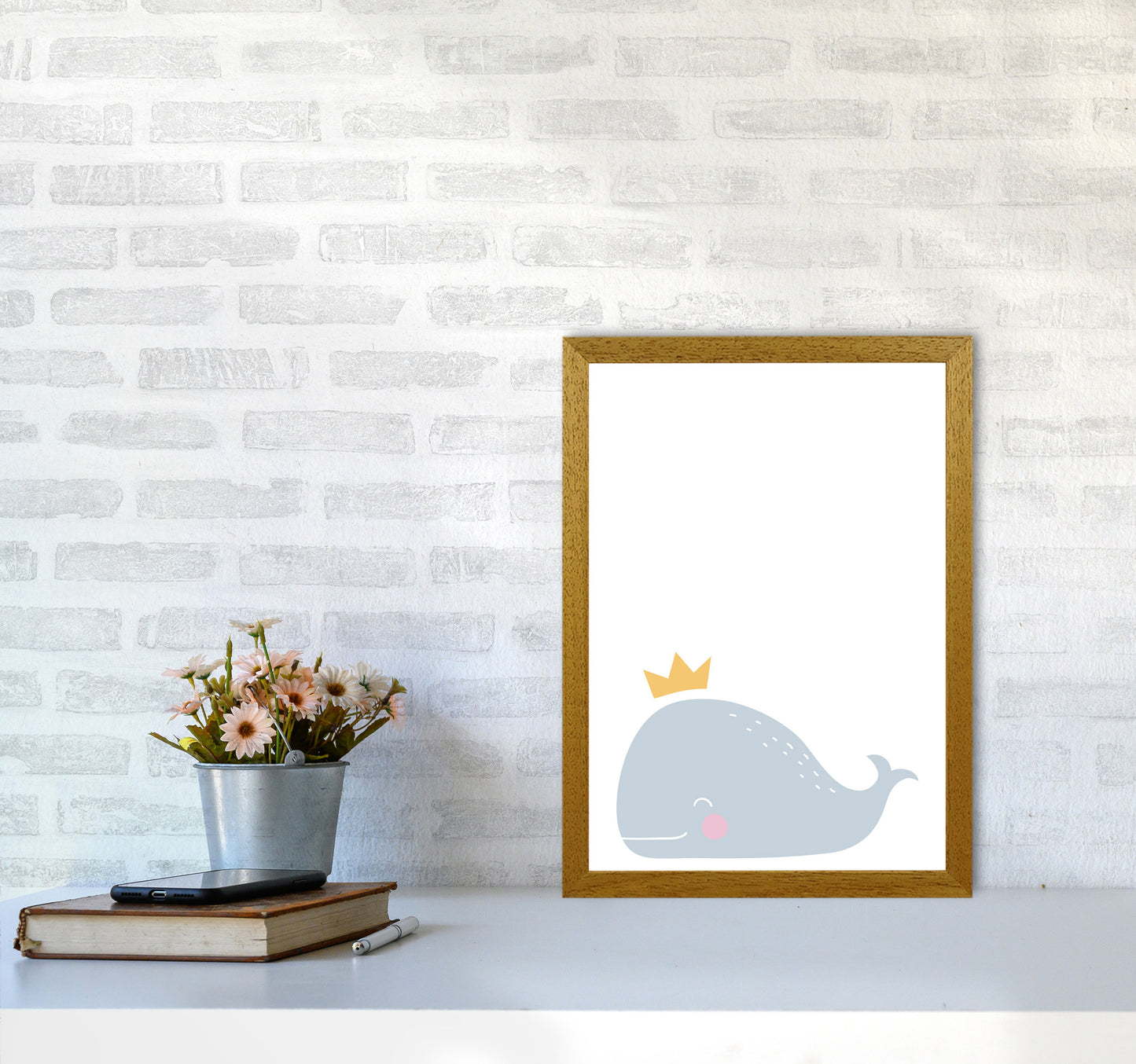 Whale With Crown Framed Nursey Wall Art Print A3 Print Only