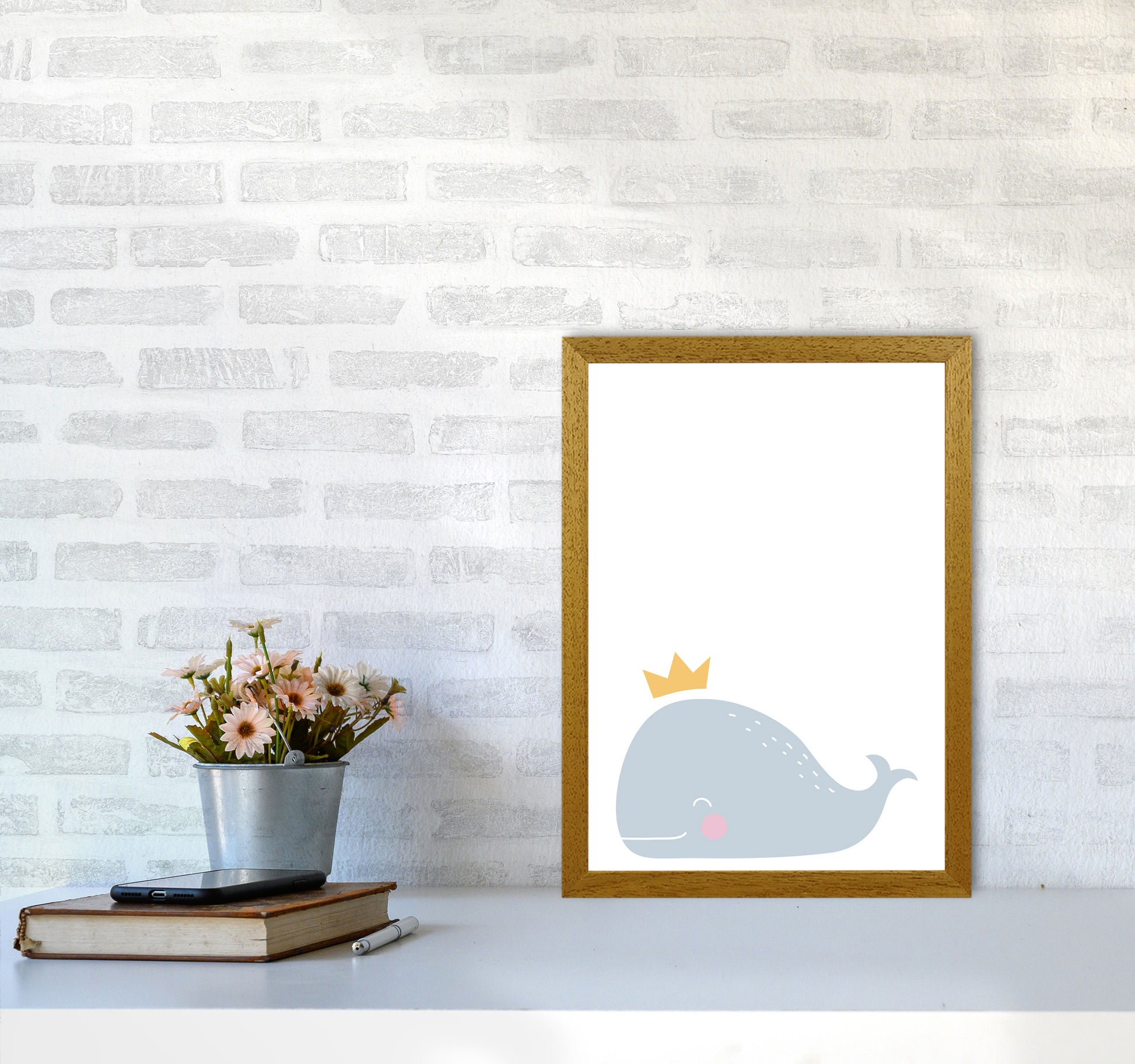 Whale With Crown Framed Nursey Wall Art Print A3 Print Only