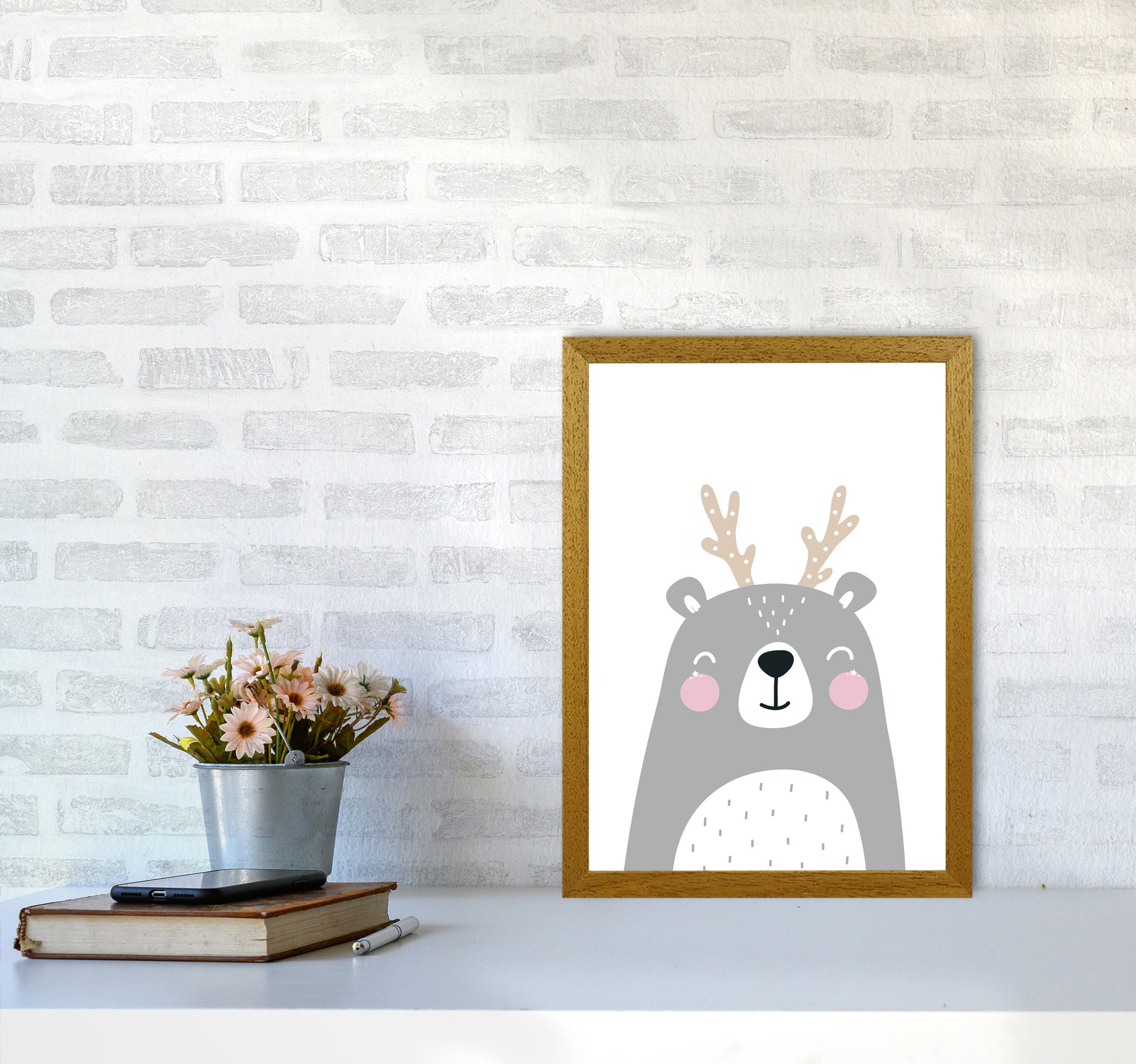 Grey Bear With Antlers Modern Print Animal Art Print A3 Print Only