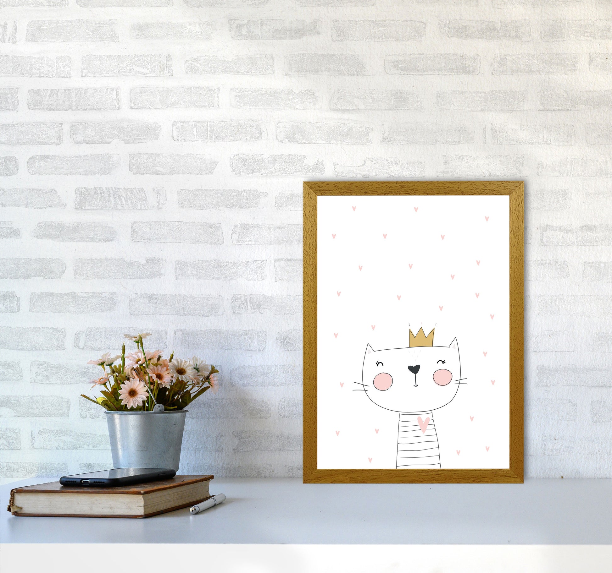 Scandi Cute Cat With Crown And Stars Framed Nursey Wall Art Print A3 Print Only