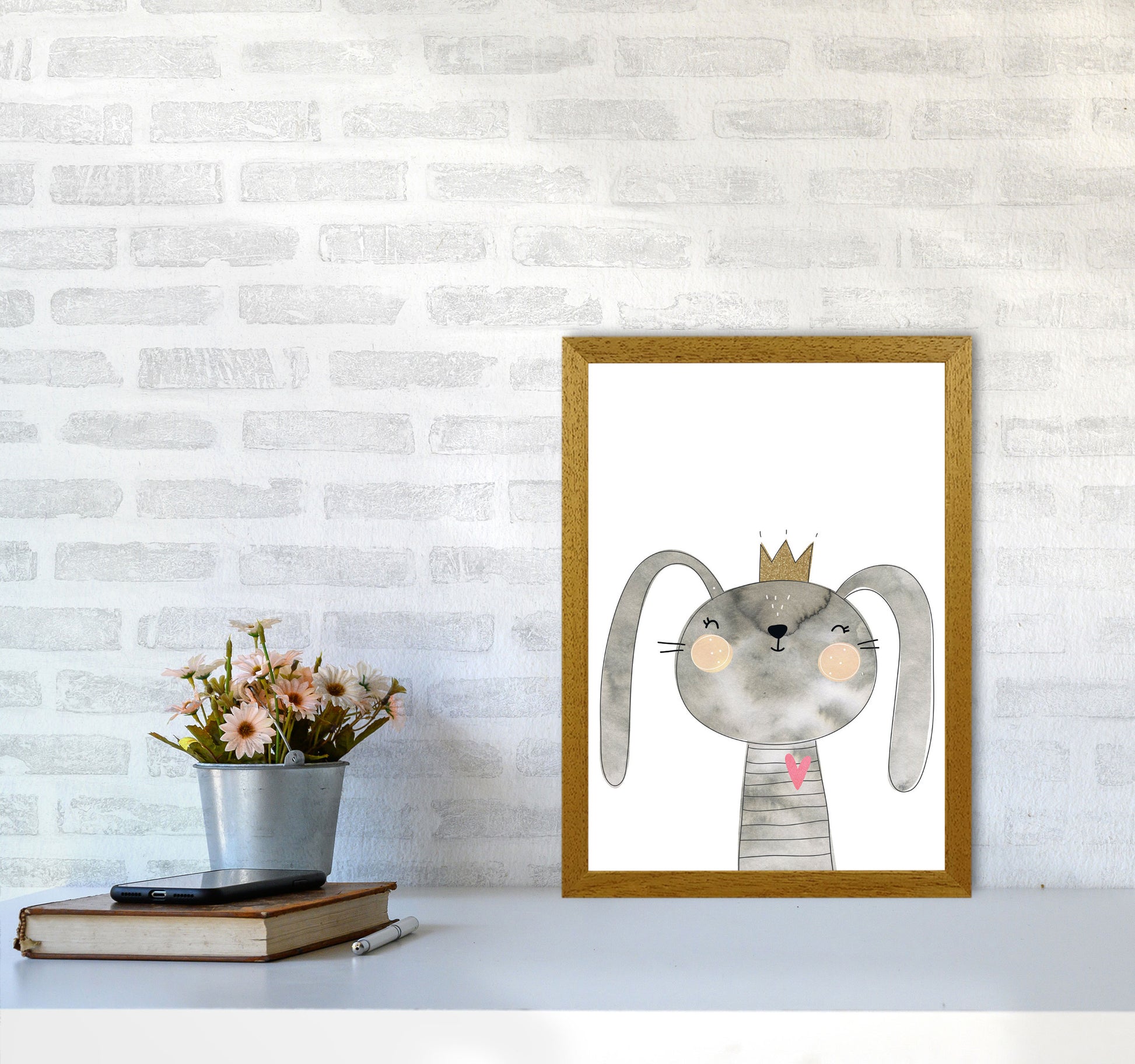 Scandi Grey Bunny Watercolour Framed Nursey Wall Art Print A3 Print Only