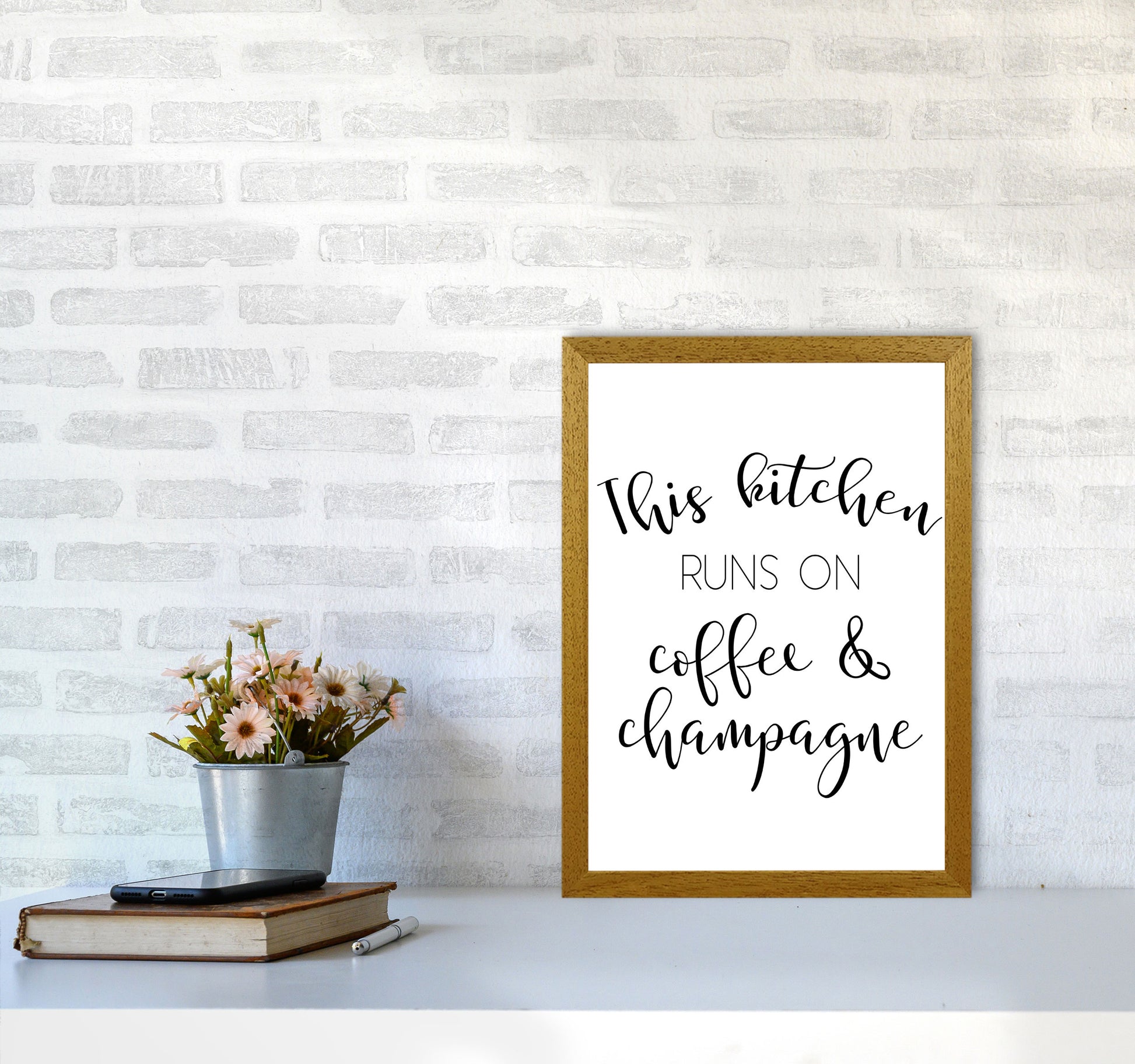 This Kitchen Runs On Coffee And Champagne Modern Print, Framed Kitchen Wall Art A3 Print Only