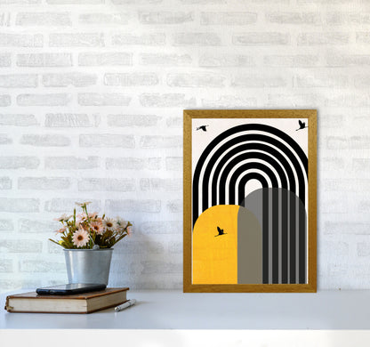 Giant rainbow with birds mustard Art Print by Pixy Paper A3 Print Only