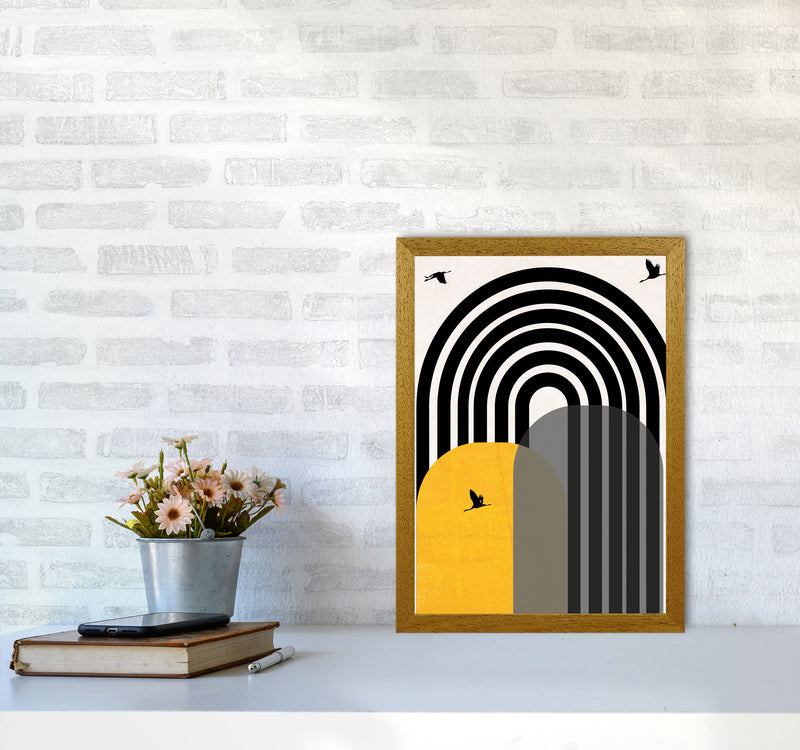 Giant rainbow with birds mustard Art Print by Pixy Paper A3 Print Only