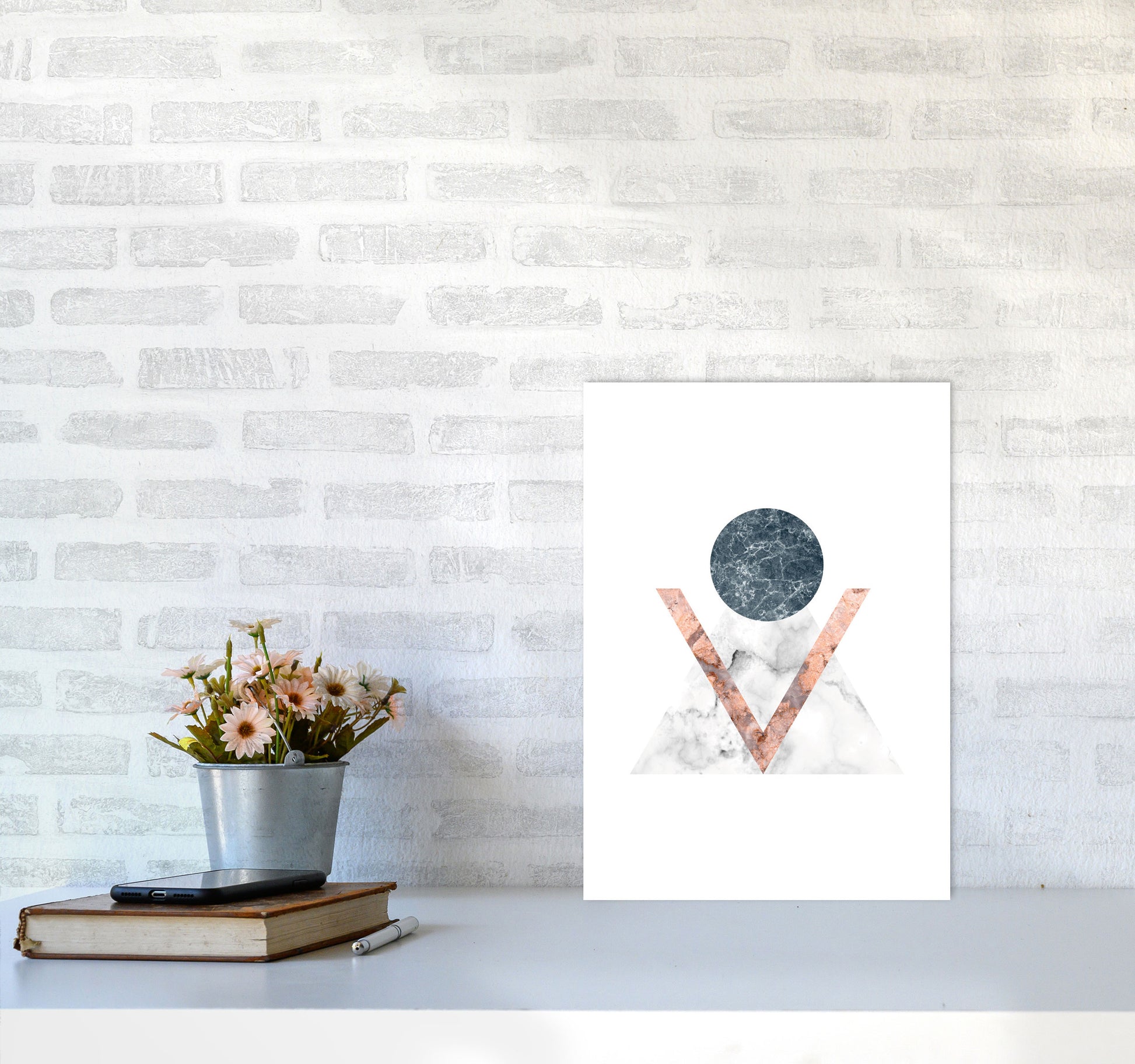Marble Triangle Abstract Modern Print A3 Black Frame