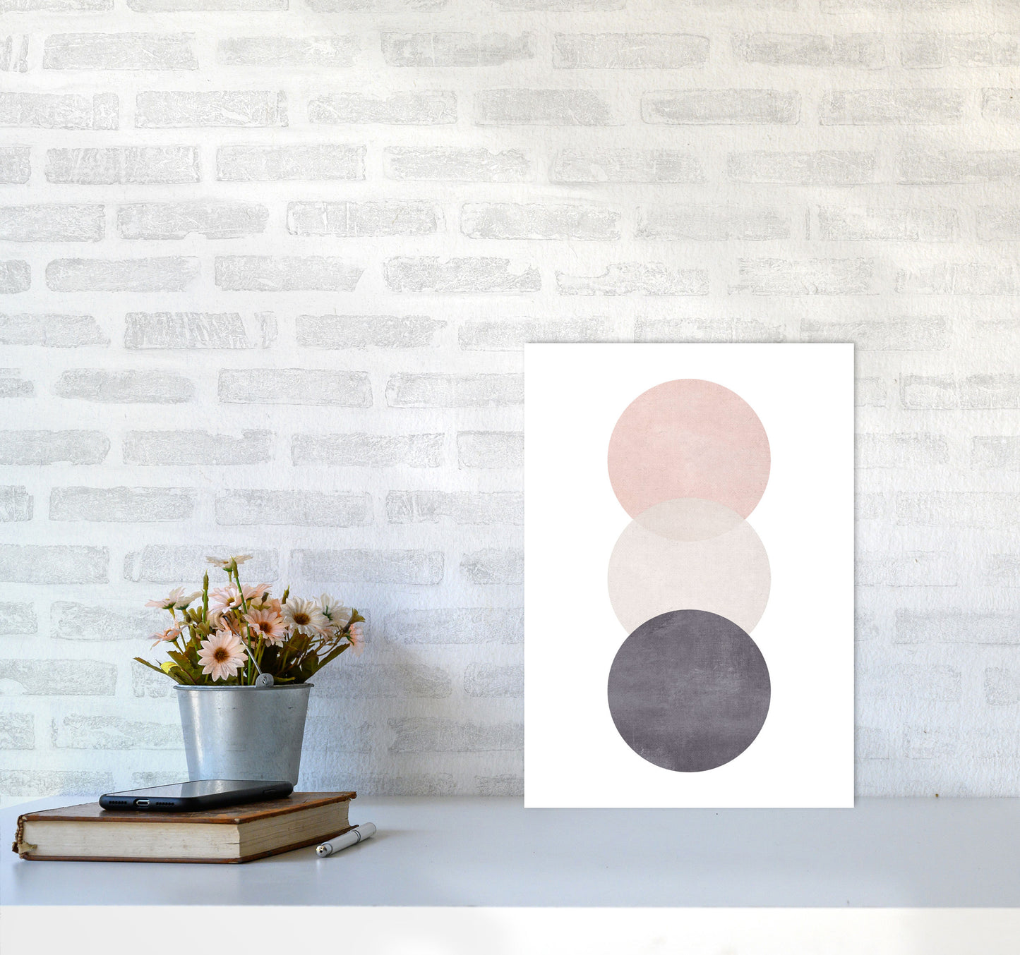 Cotton, Pink And Grey Abstract Circles Modern Print A3 Black Frame