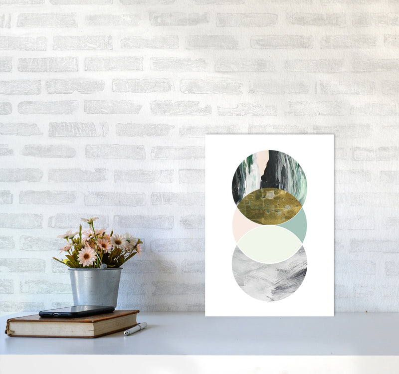 Textured Peach, Green And Grey Abstract Circles Modern Print A3 Black Frame