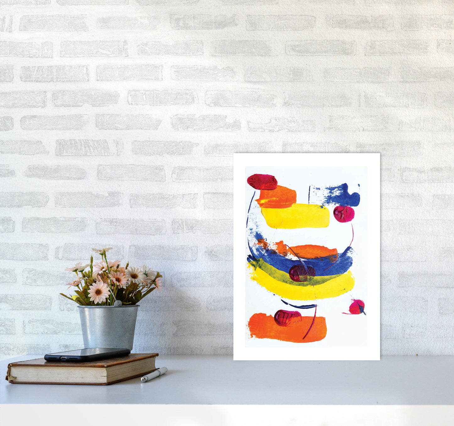 Bright Yellow, Blue and Red Abstract Paint Strokes Modern Print A3 Black Frame