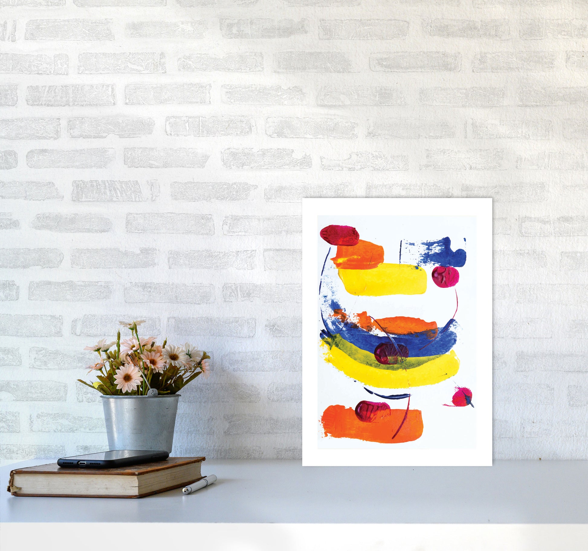 Bright Yellow, Blue and Red Abstract Paint Strokes Modern Print A3 Black Frame