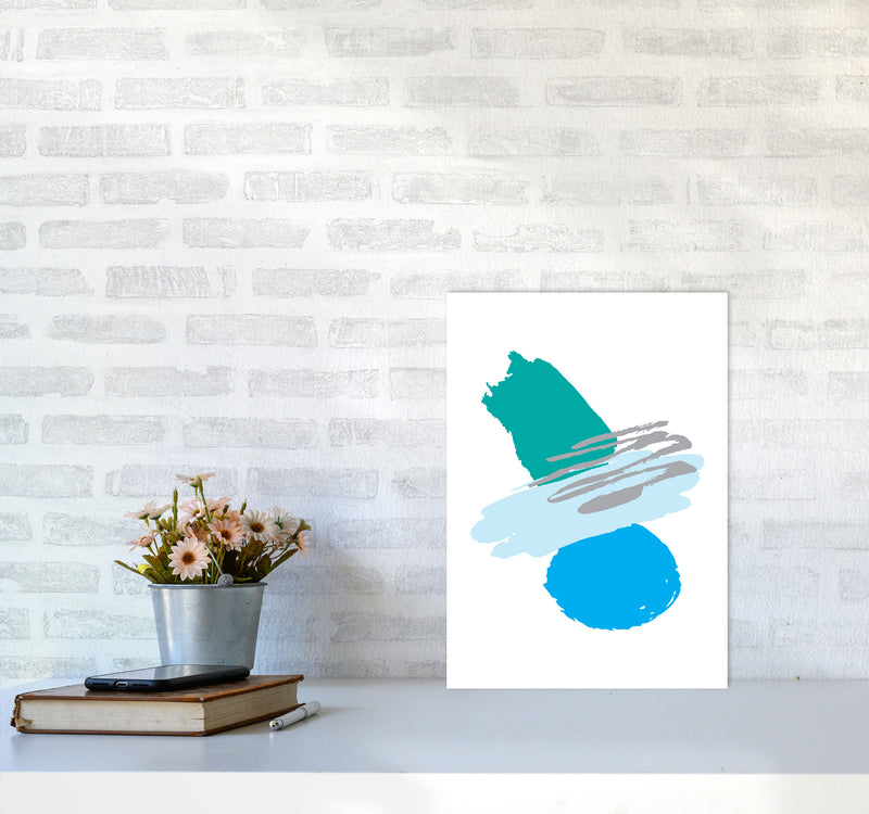 Blue And Teal Abstract Paint Shapes Modern Print A3 Black Frame