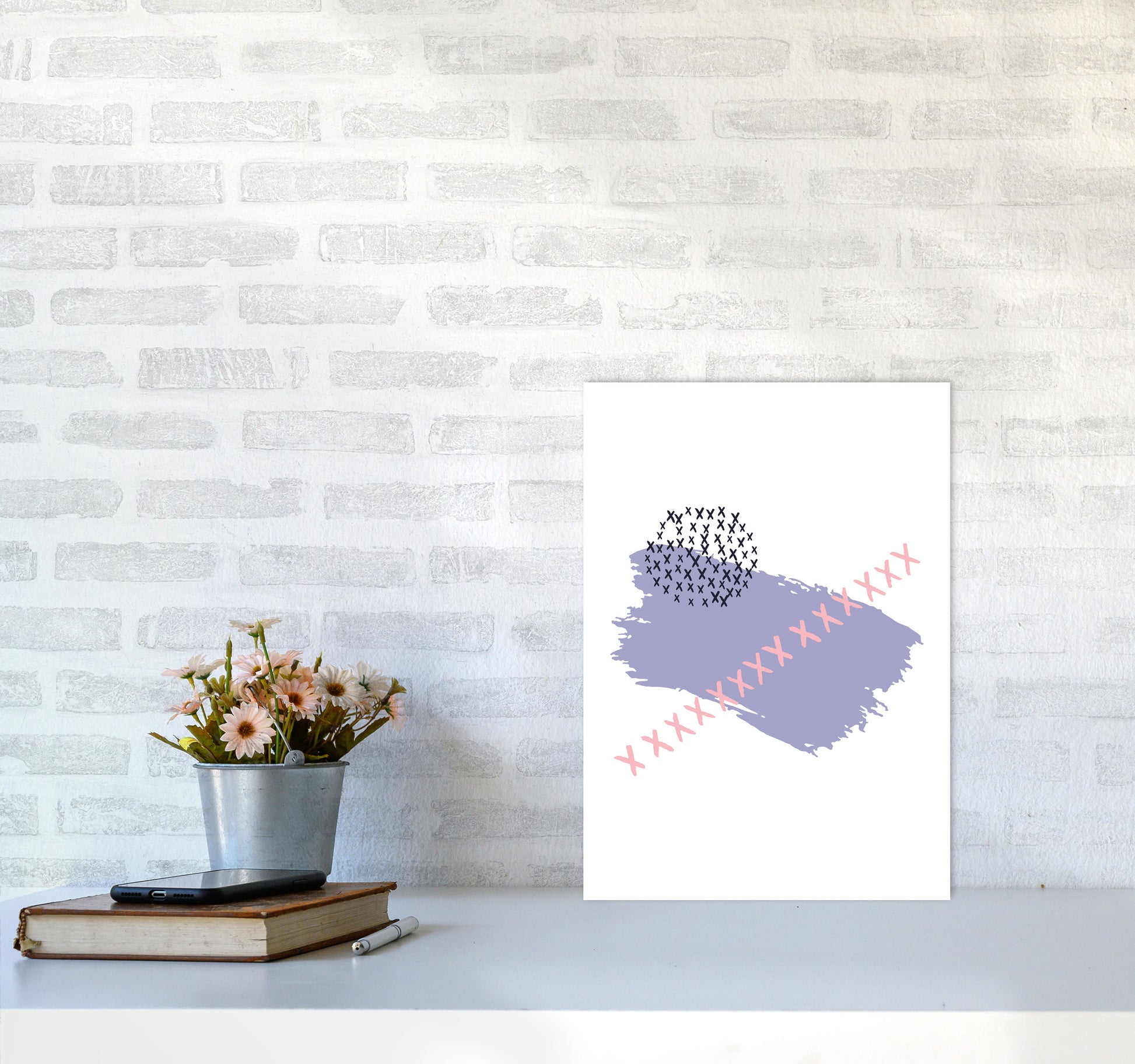 Purple X Paint Brush Abstract Modern Print A3 Black Frame