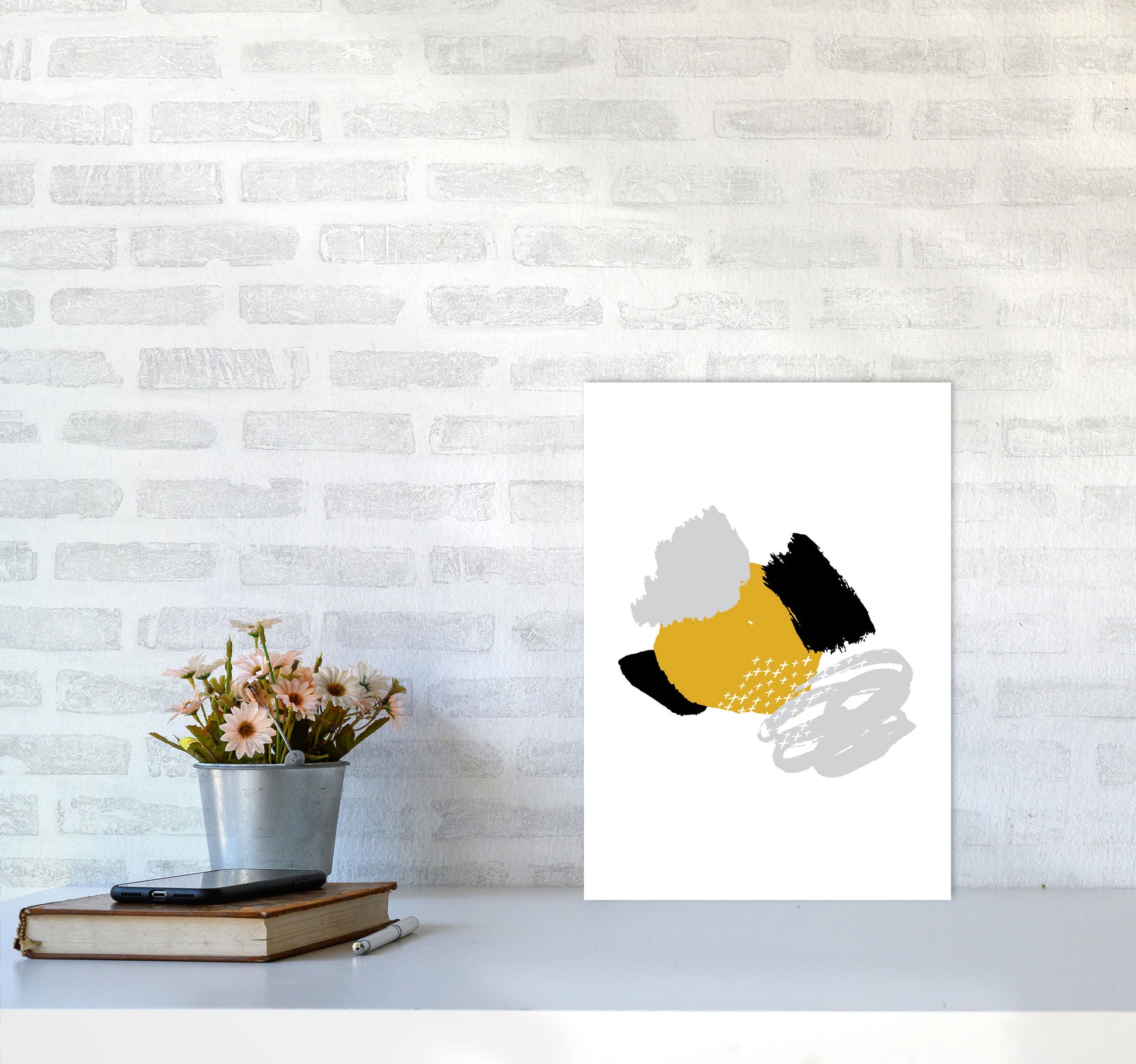 Mustard And Black Mismatch Abstract Modern Print A3 Black Frame