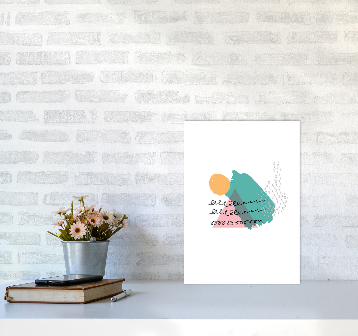 Pink And Teal Mountain Sun Abstract Modern Print A3 Black Frame