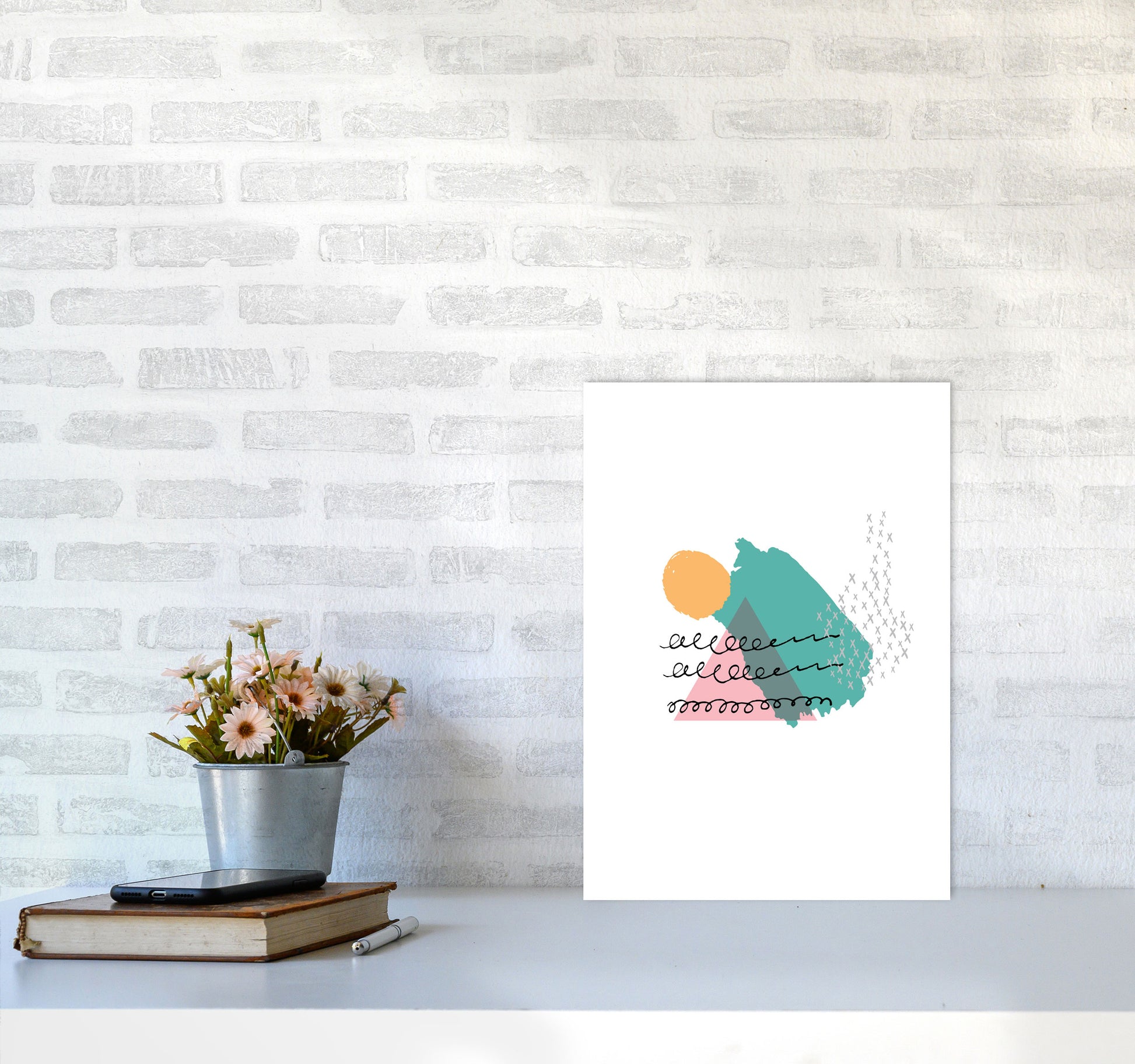 Pink And Teal Mountain Sun Abstract Modern Print A3 Black Frame