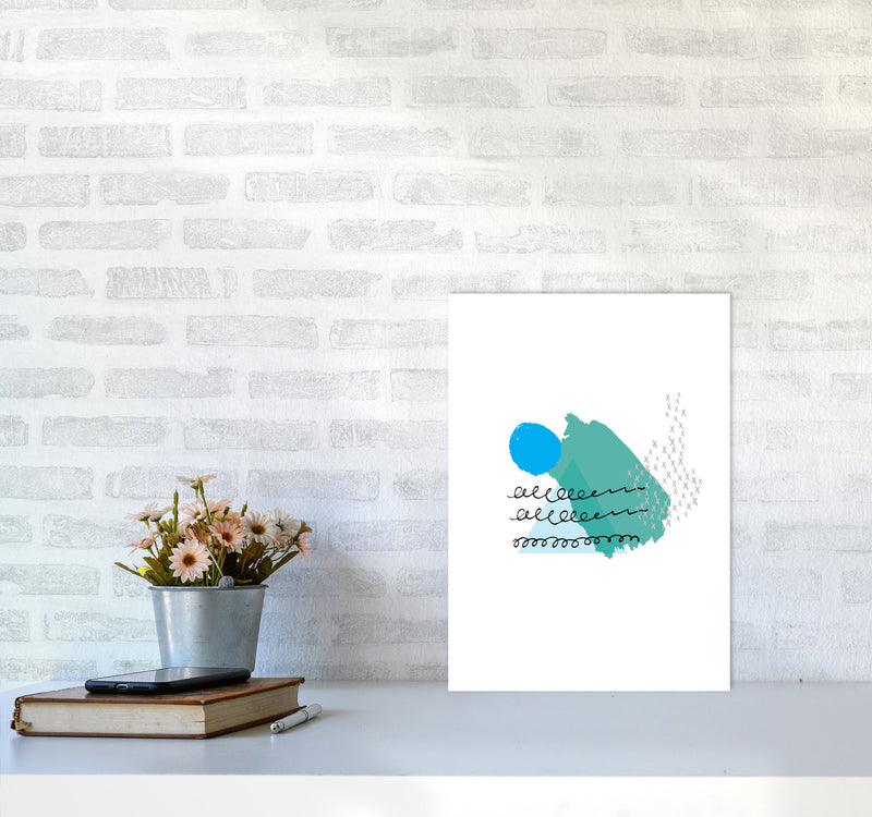 Teal And Blue Mountain Sun Abstract Modern Print A3 Black Frame