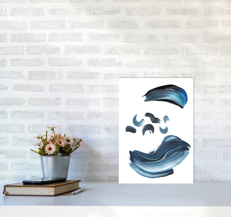 Dark Blue And Grey Abstract Paint Strokes Modern Print A3 Black Frame