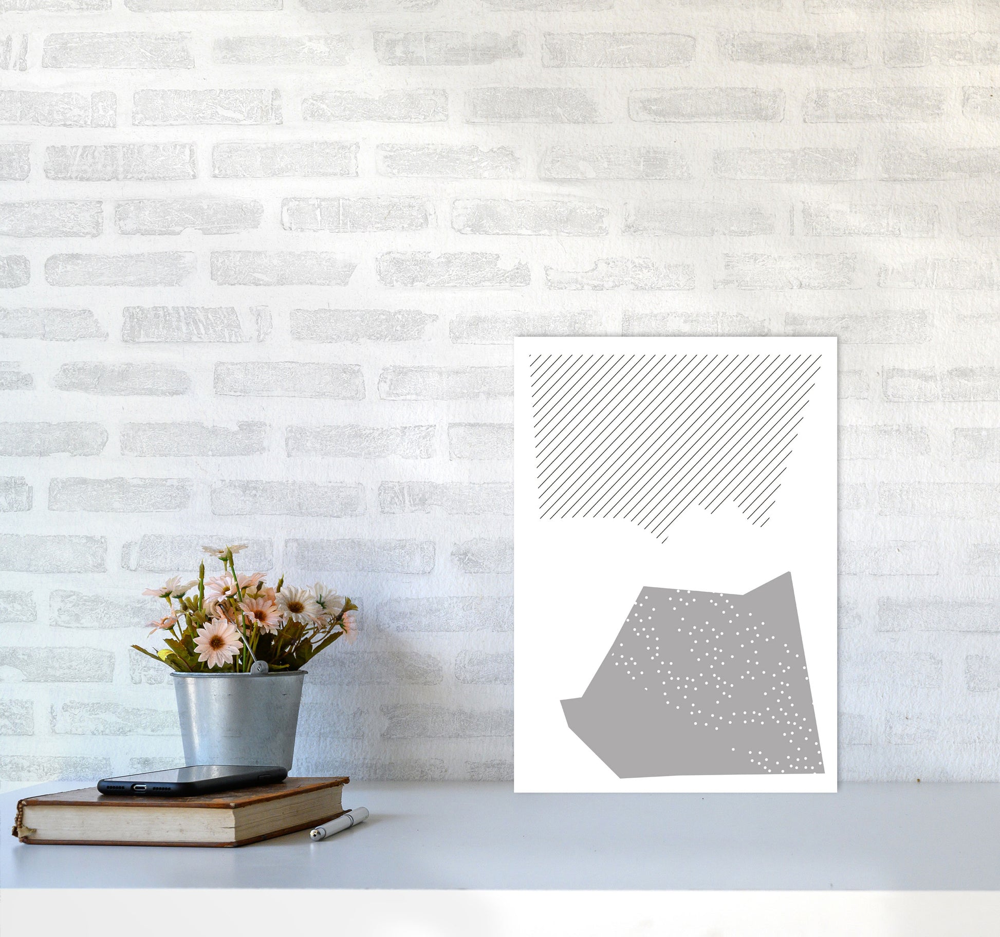 Grey Top And Bottom Abstract Modern Print A3 Black Frame