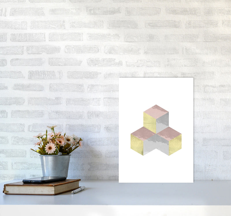 Gold, Pink And Grey Abstract Cubes Modern Print A3 Black Frame