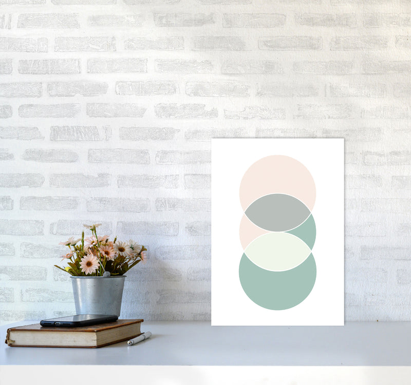 Peach, Green And Grey Abstract Circles Modern Print A3 Black Frame
