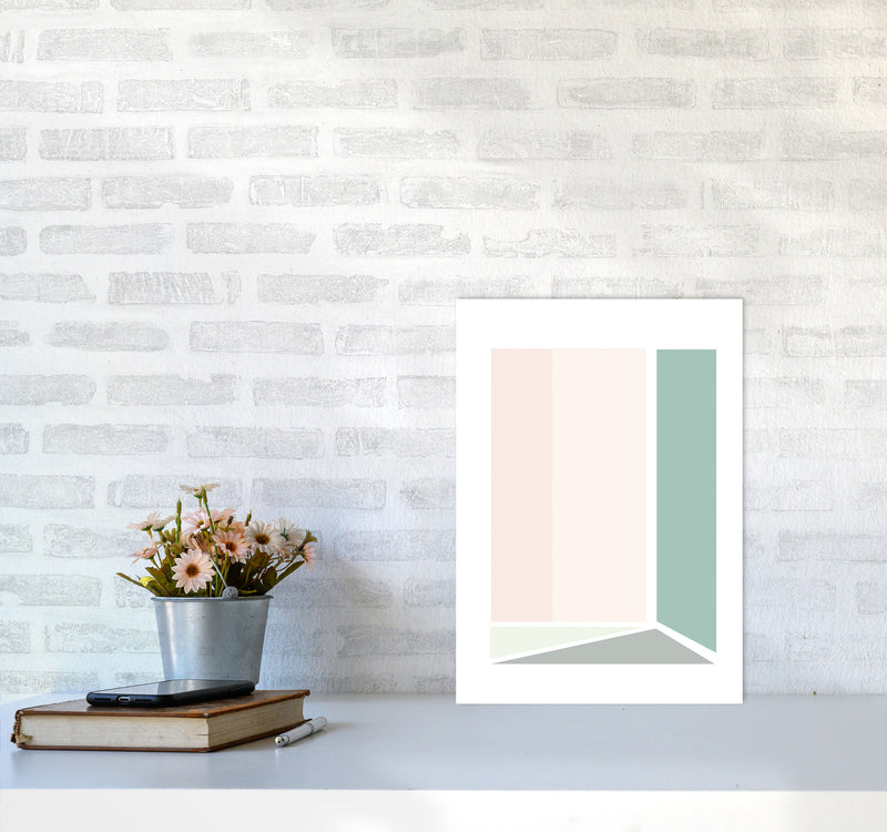 Peach, Green And Grey Abstract Rectangle Modern Print A3 Black Frame