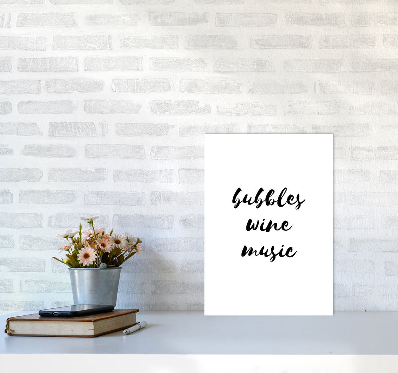 Bubbles Wine Music, Bathroom Framed Typography Wall Art Print A3 Black Frame